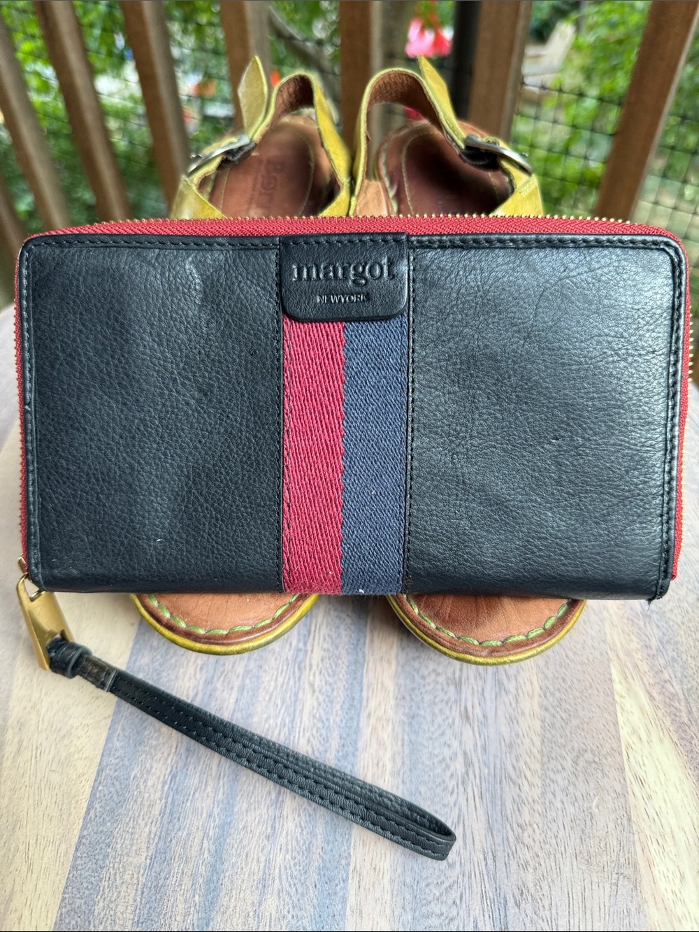 margot Black Leather Zip Wallet with Red and Blue Center Stripe